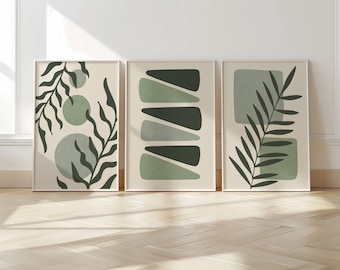 Boho Abstract Prints, Set of 3 Boho Wall Art, Calming Sage Green Home Wall Decor, Floral Posters, Minimalist Earthy geometric prints B27