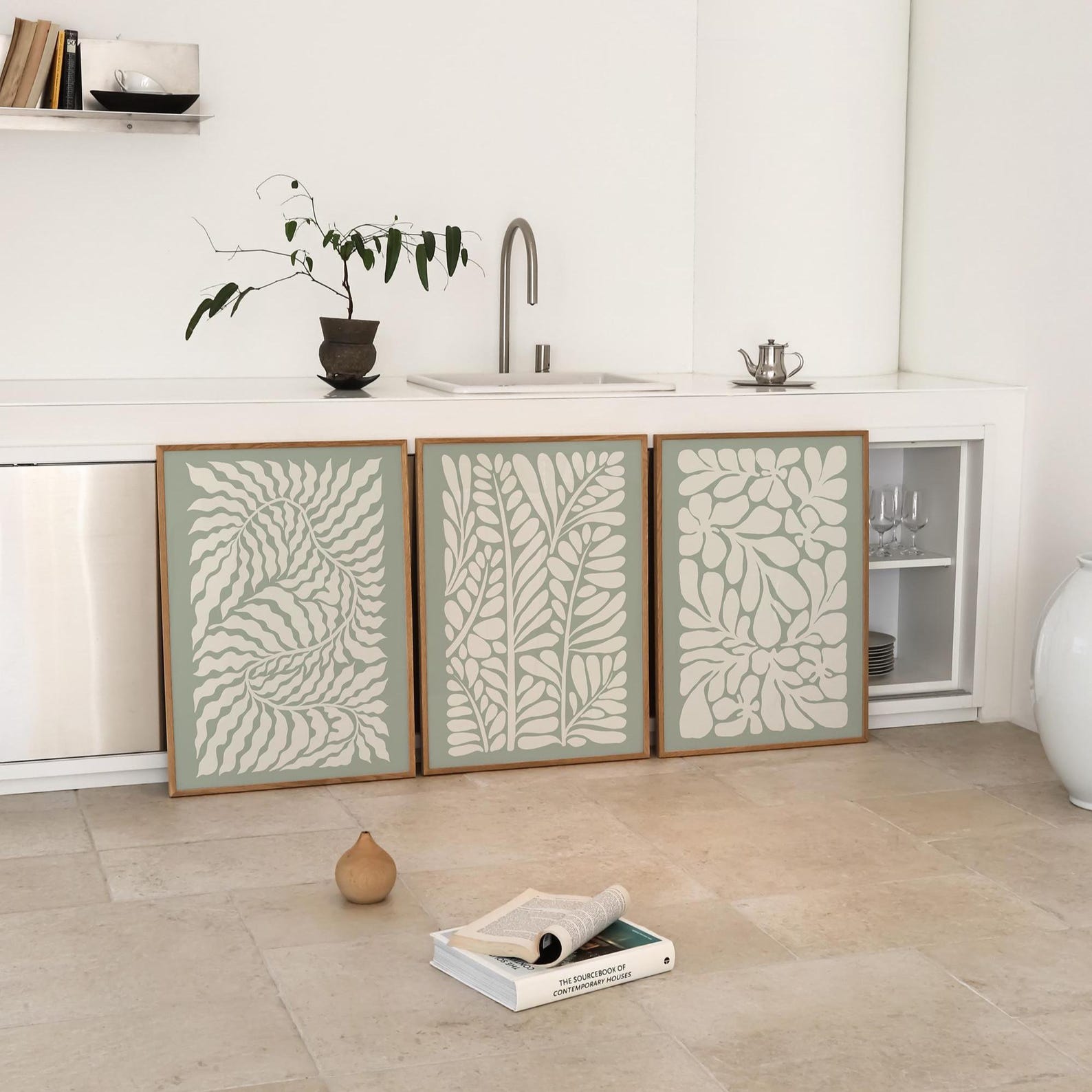 Sage Green Leaf Prints – Set of 3 Neutral Botanical Wall Art for Living ...