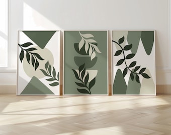 Set di 3 stampe da parete Boho, arte da parete Boho, stampe da parete verde salvia, poster astratti Boho, poster da parete geometrico, decorazione da parete floreale verde B006