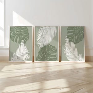 Palm Leaf Wall Art Print Set, Green Botanical Poster Trio, Tropical Minimalist Decor for Living Room, Nature-Inspired Modern Art B46
