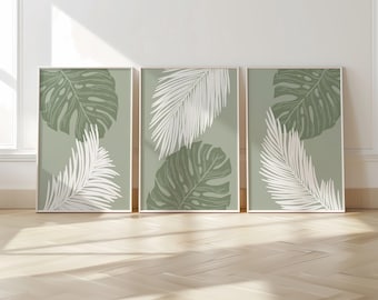 Juego de impresiones artísticas de pared con hojas de palma, trío de pósteres botánicos verdes, decoración minimalista tropical para sala de estar, arte moderno inspirado en la naturaleza B46