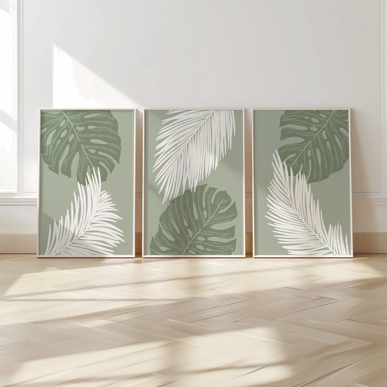 Palm Leaf Wall Art Print Set, Green Botanical Poster Trio, Tropical ...