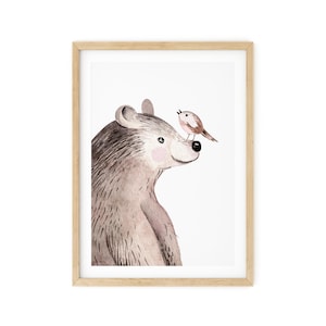 Nursery decor woodland poster Prints, Kids Animal wall art, Cute Bear, Bird, Forest, Watercolor wood, Children&#39;s Playroom, Baby wall art, 17