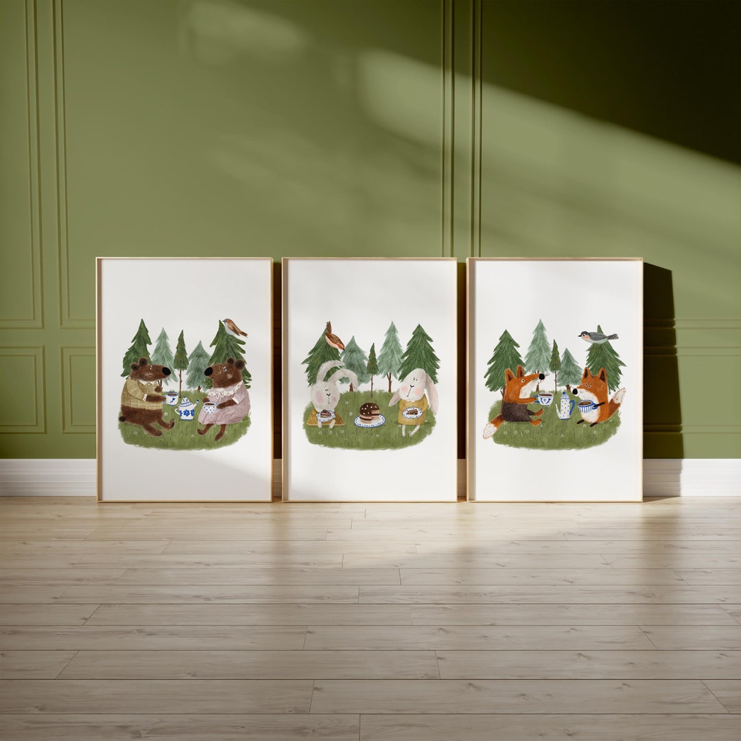 Set of 3 Nursery Woodland Art Prints, Animal Tea Party Wall Art Print ...