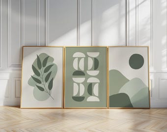 Set of 3 Sage Green Boho Prints, Abstract Geometric Floral Wall Art B008
