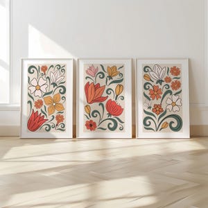 Set of 3 Boho Wall Prints, Boho Wall Art, Boho Home Decor, Retro Flower Poster, Vibrant Floral Poster, Beige, Mid-Century Style Art B019