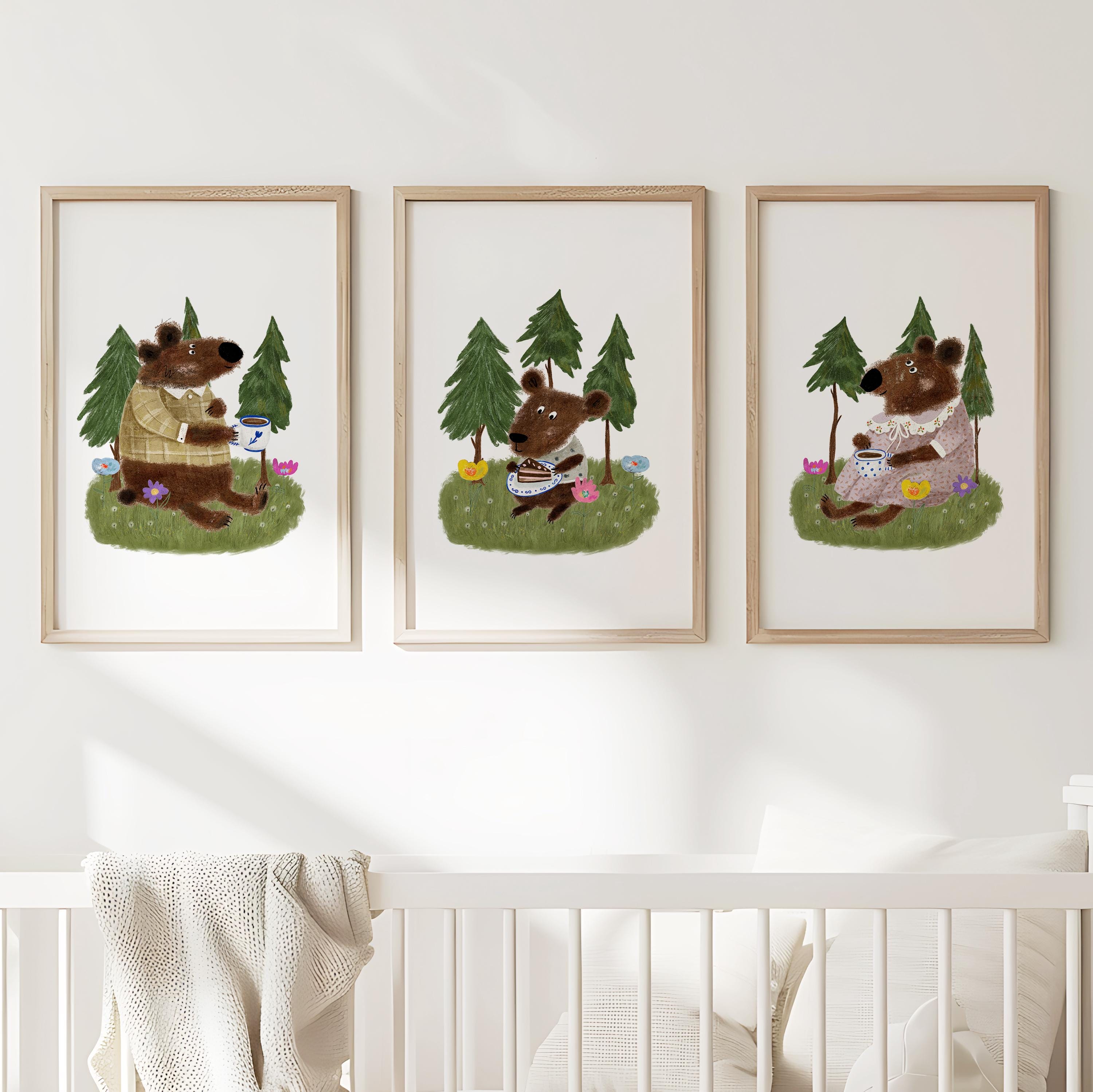 Set of 3 Nursery Woodland Art Prints, Bear Tea Party Wall Art Print for ...