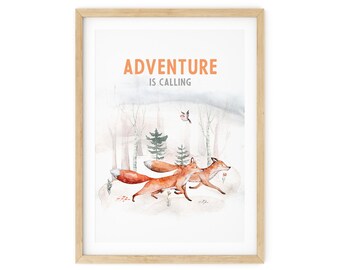Nursery decor woodland poster Prints, Kids Animal wall art, Fox, Forest, Watercolor wood, Children's Playroom Positive Quote Wall Art, 23