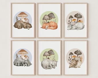 Baby Shower Gift – Woodland Nursery Wall Art, Whimsical Animal Prints, Mushroom Forest Decor for Playroom & Kids Room N039