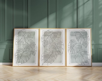 Botanische Linie Kunstdrucke, Grün Abstraktes Boho Blumendekor, Japandi Küsten Poster Wandkunst 3er-Set B136