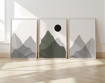 Minimalist Mountain Wall Art Set of 3 – Modern Black Line Art Landscape Prints – Abstract Scandinavian Nature Decor for Living Room B39