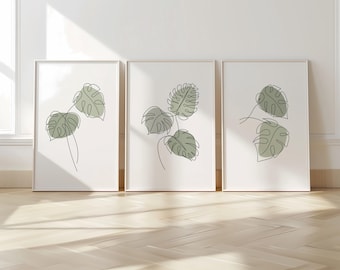 Monstera Line Art Prints – Minimalist One Line Botanical Wall Decor, Neutral Green Plant Posters for Scandinavian or Modern Home Style B45