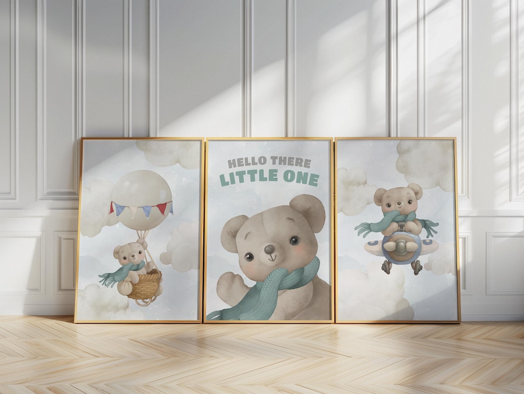 Teddy Bear Nursery Prints, Airplane Wall Art for Baby Boy Room, Neutral ...