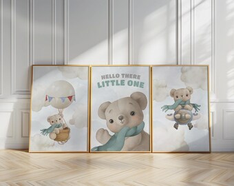 Teddy Bear Nursery Prints, Airplane Wall Art for Baby Boy Room, Neutral Kids Room Decor, Cute Playroom Posters N121