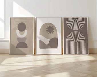 Set of 3 Boho Wall Art Prints, Desert Boho Home Decor, Boho Abstract Geometric Posters, Sun Poster, Beige Living Room Art, Mid Century B016