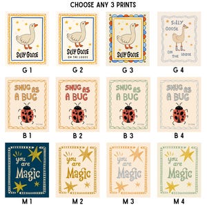May include: A selection of illustrated prints featuring whimsical designs. The prints include a goose with the text "Silly Goose", a ladybug with "Snug as a Bug", and stars with "You are Magic". The prints are in various color schemes.