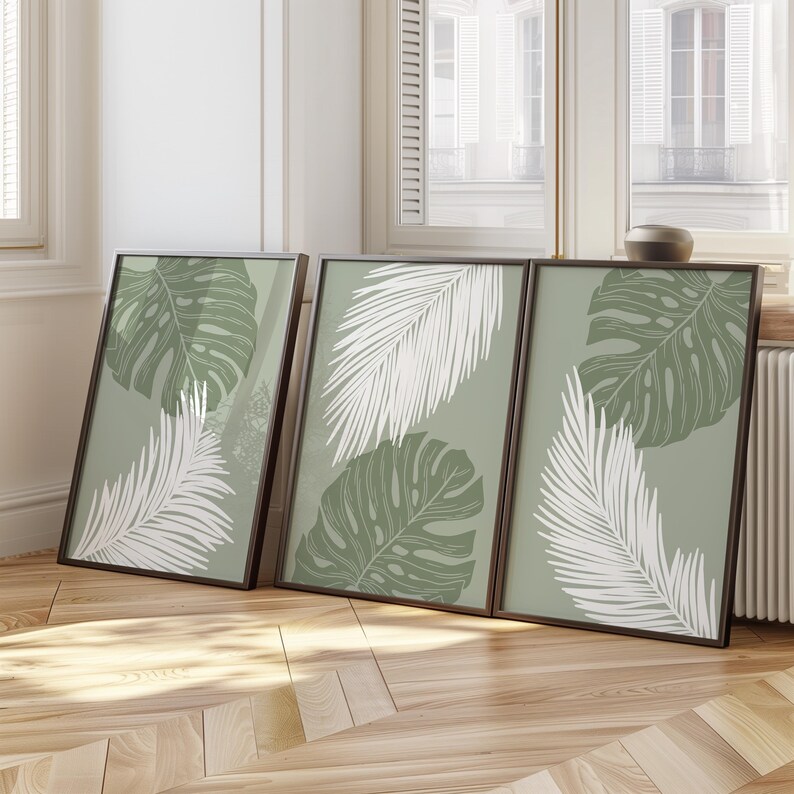 Palm Leaf Wall Art Print Set, Green Botanical Poster Trio, Tropical ...