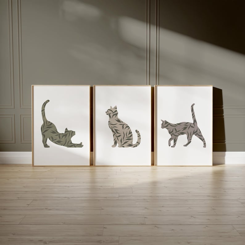 Boho Cat Wall Art Set of 3 – Minimalist Botanical Cat Prints – Neutral ...