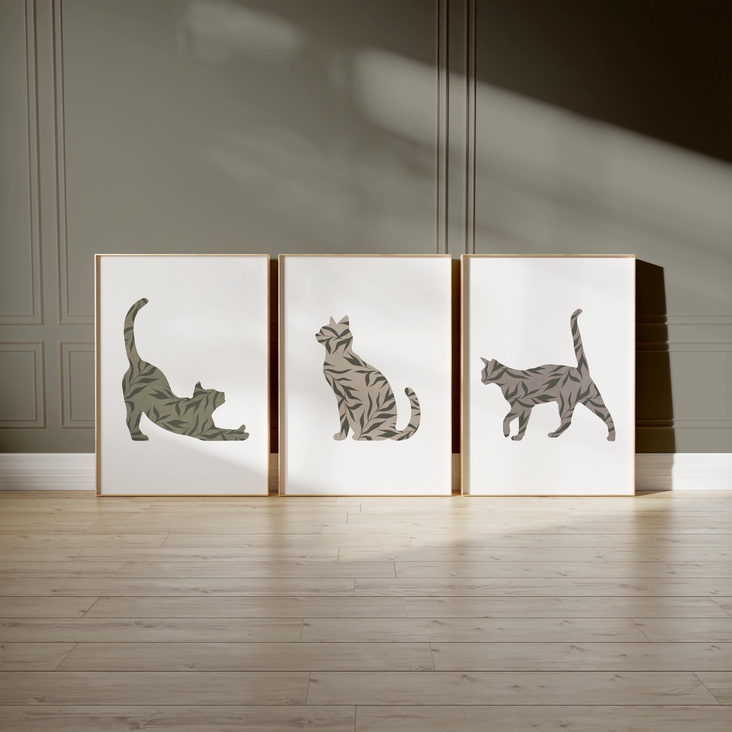 Boho Cat Wall Art Set of 3 – Minimalist Botanical Cat Prints – Neutral ...
