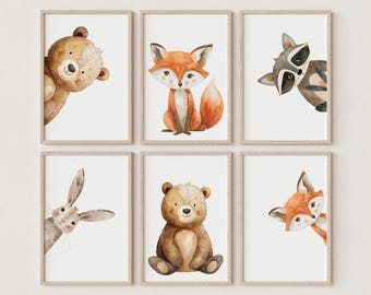 Nursery decor woodland poster, Animal wall art, tree nursery decor, adventure nursery, Forest Animal, Watercolor Fox Bear Bunny Raccoon 06