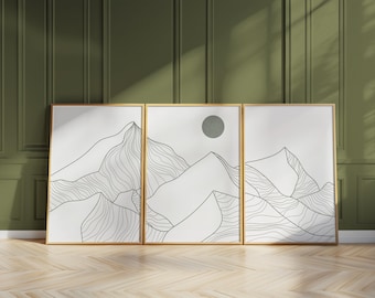 Japandi Mountain Line Art Print Set | Neutral Boho Triptych B092
