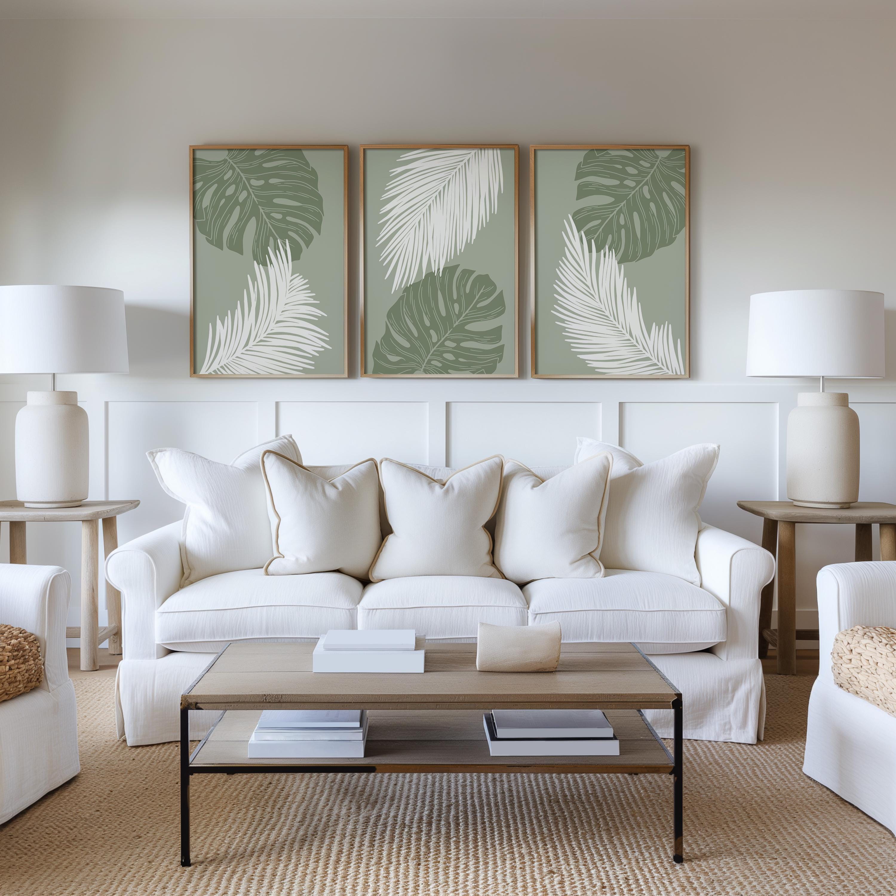 Palm Leaf Wall Art Print Set, Green Botanical Poster Trio, Tropical ...
