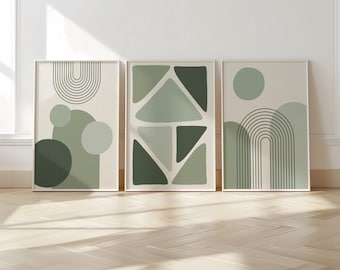 Set of 3 Boho Abstract Wall Prints, Boho Wall Art, Sage Green Wall Prints, Boho Posters, Earthy geometric prints, Green Home Wall Decor B009