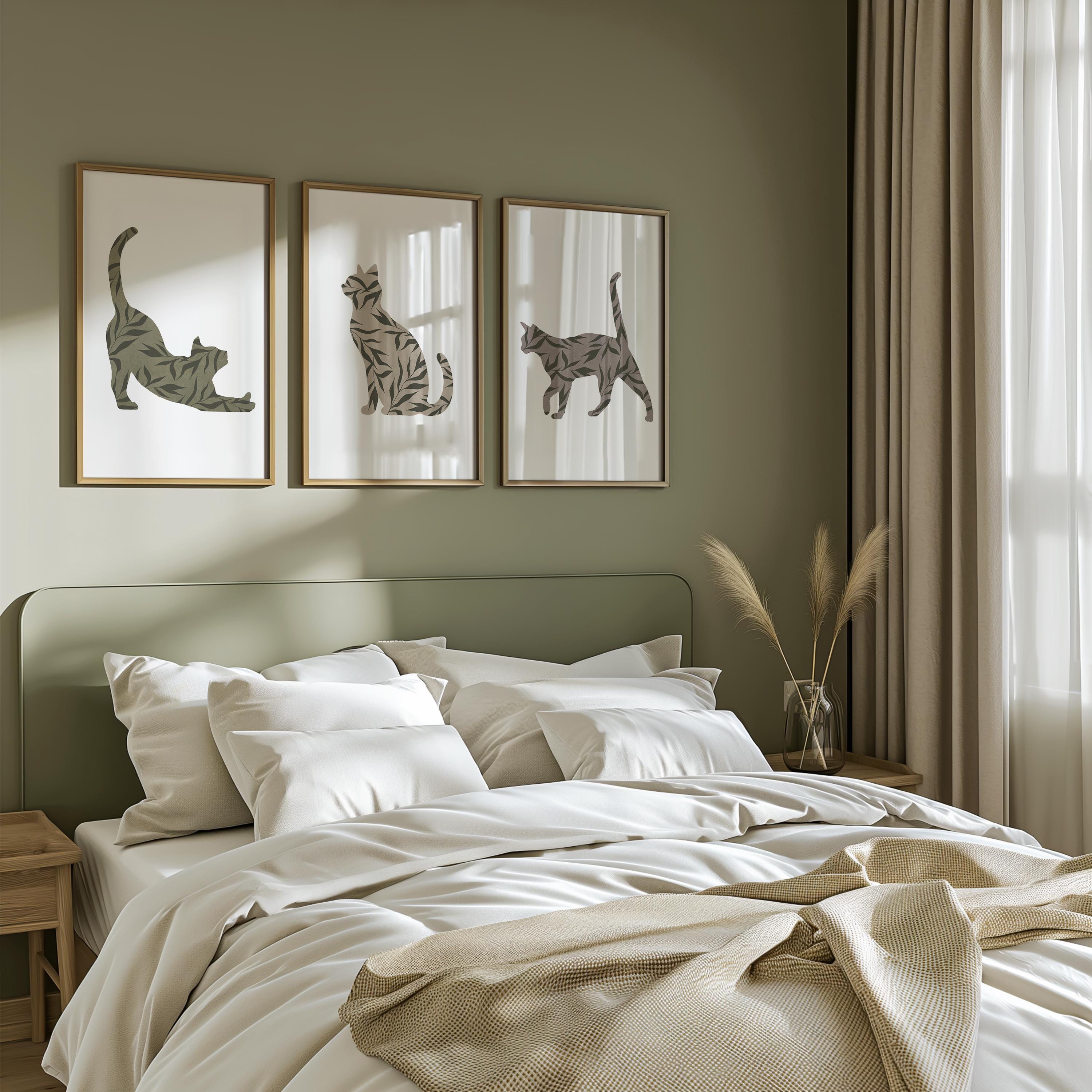 Boho Cat Wall Art Set of 3 – Minimalist Botanical Cat Prints – Neutral ...