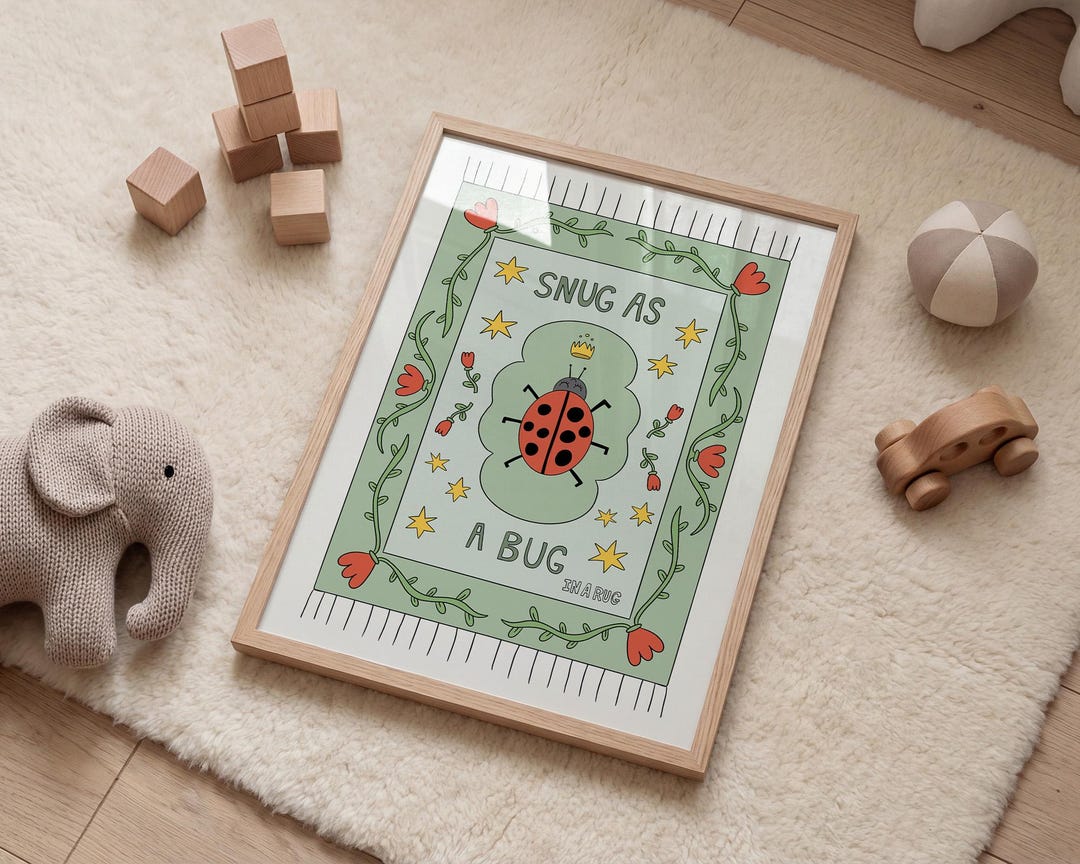 Snug as a Bug in A Rug Poster, Ladybug Nursery Print: Hand-drawn ...