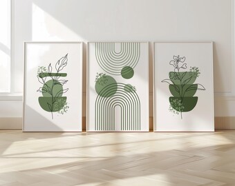 Set of 3 Boho Wall Prints, Boho Wall Art, Sage Green Wall Prints, Boho Abstract Posters, Geometric Wall Poster, Green Black Wall Decor B004