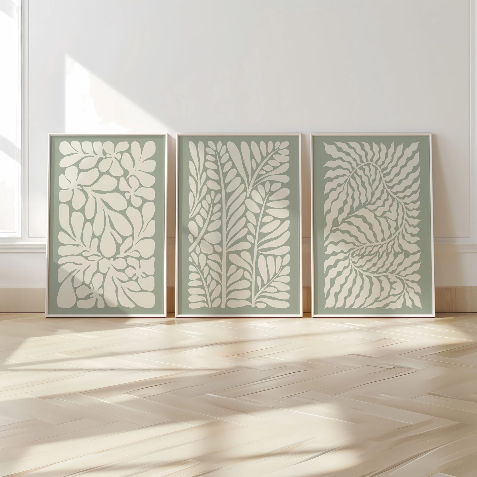 Sage Green Leaf Prints – Set of 3 Neutral Botanical Wall Art for Living ...