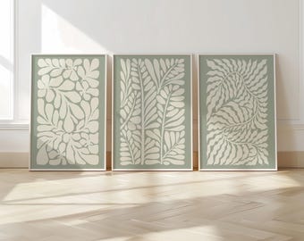 Sage Green Leaf Prints – Set of 3 Neutral Botanical Wall Art for Living Room or Bedroom, Modern Minimalist Plant Decor, Gallery Style B43