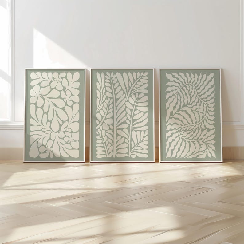 Sage Green Leaf Prints – Set of 3 Neutral Botanical Wall Art for Living ...