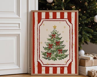 Christmas Tree Poster, Hand-Drawn Holiday Wall Art, Red Bow Christmas Print, Whimsical Girly Coquette Xmas Decor, Unframed MR52