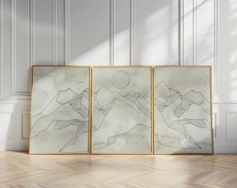 Minimalistisk väggkonst med berg – salviagröna Japandi-tryck, skandinavisk abstrakt galleriset för vardagsrum, sovrum och kontorsinredning B149