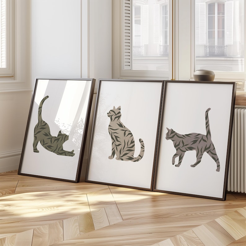 Boho Cat Wall Art Set of 3 – Minimalist Botanical Cat Prints – Neutral ...
