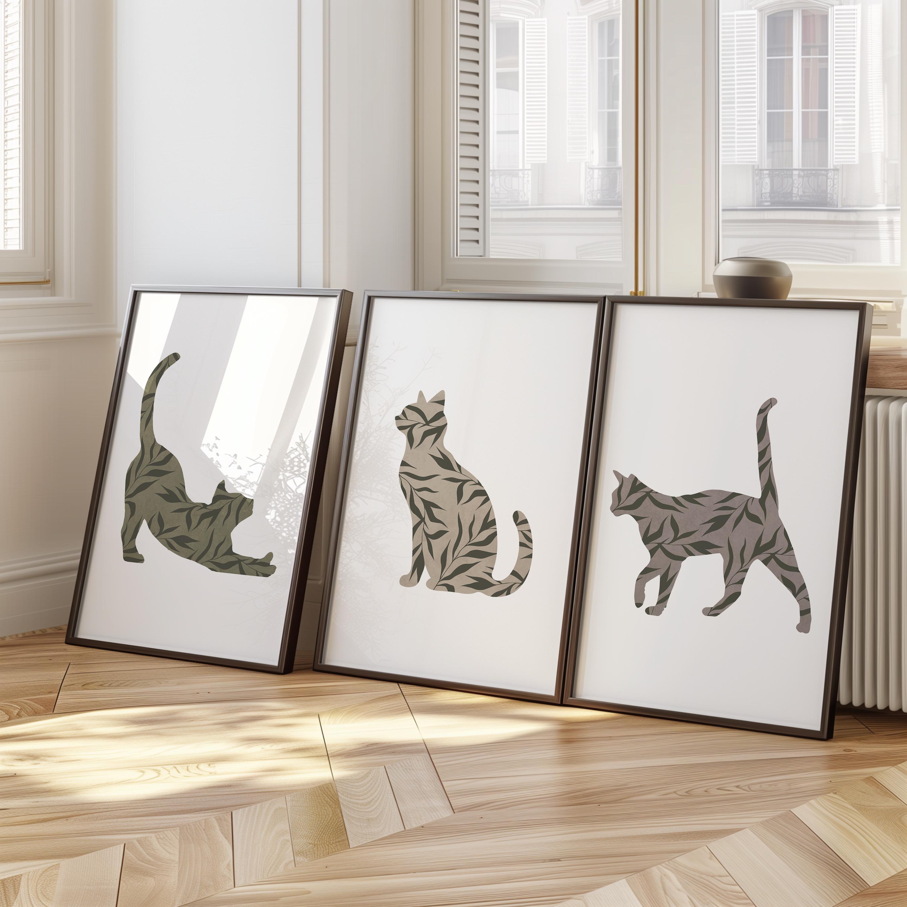 Boho Cat Wall Art Set of 3 – Minimalist Botanical Cat Prints – Neutral ...