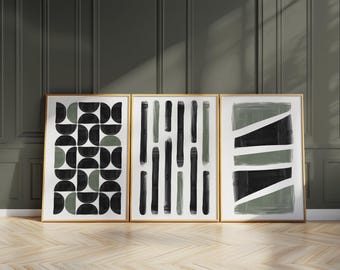 Juego de 3 impresiones abstractas de arte mural japonés: impresiones verticales en negro y verde para cocina, sala de estar, decoración minimalista moderna B069