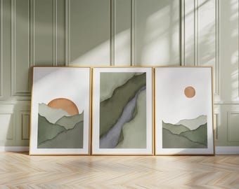 Väggkonst med bergmotiv, set med 3, minimalistiska salviagröna tryck, neutrala bohemiska posters med soluppgång, japansk väggdekoration B097