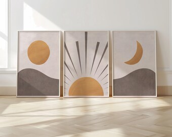 Set of 3 Boho Wall Art Prints, Earth Tone Boho Home Decor, Boho Abstract Geometric Posters, Beige Living Room Art, Sun Mid Century Art B018