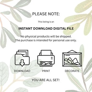Może przedstawiać: Plik cyfrowy z tekstem: PLEASE NOTE: This listing is an INSTANT DOWNLOAD DIGITAL FILE. No physical products will be shipped. The purchase is intended for personal use only. Ikony dla DOWNLOAD, PRINT, DECORATE oraz YOU ARE ALL SET!