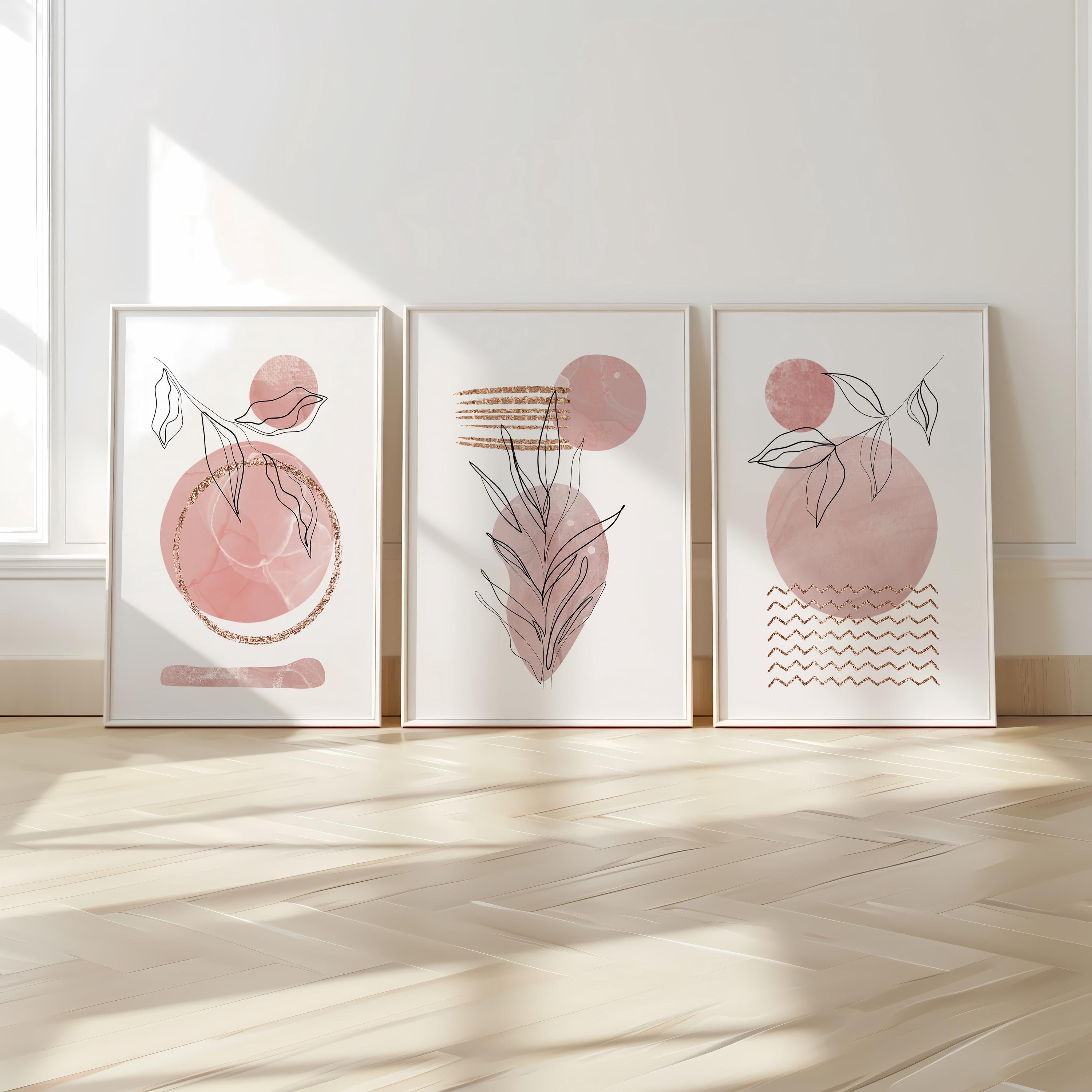 Set of 3 Boho Wall Prints, Boho Wall Art, Boho Decor, Boho Abstract Geometric Posters, Floral Wall Poster, Pink, Black Gold Bedroom Art B001