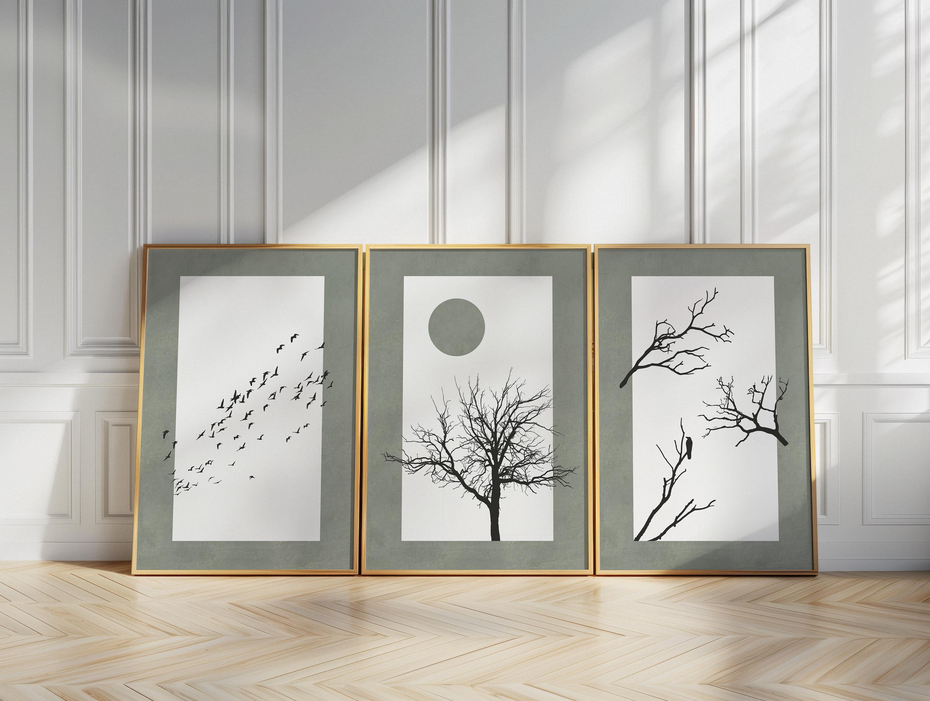 Minimalist Tree Wall Art Set of 3 | Neutral Black White Triptych Prints ...