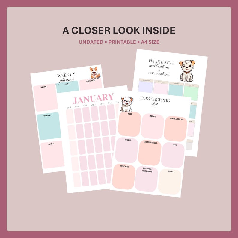 Printbare hondenverzorgingsplanner, ongedateerde tracker voor de gezondheid en routine van uw huisdier, 26 pagina's tellend A4-pdf-bestand afbeelding 2