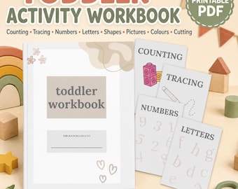 May include: A toddler activity workbook printable PDF featuring a white cover with the text toddler workbook and a space for a name. Included are activity sheets for counting, tracing, numbers, and letters with illustrations of blocks and pencils.