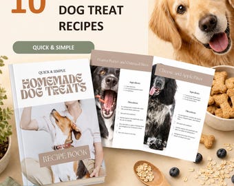 Op de afbeelding: Een digitaal PDF-receptenboek getiteld 10 Homemade Dog Treat Recipes met een omslag met een hond en een persoon, naast open pagina's met recepten voor hondensnoepjes inclusief foto's van honden en lijsten met ingrediënten.