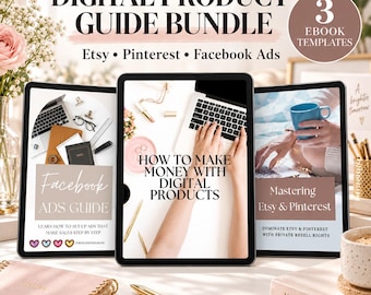 May include: A digital product guide bundle featuring three ebook templates for Etsy, Pinterest, and Facebook Ads. The central tablet displays the text How to Make Money with Digital Products, while the side tablets show Facebook Ads Guide and Mastering Etsy & Pinterest with private resell rights.