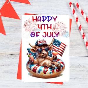 Happy 4th of July Card, happy 4th of July card, american card, Funny Bull card, Fourth July card, USA card, Printable greeting card