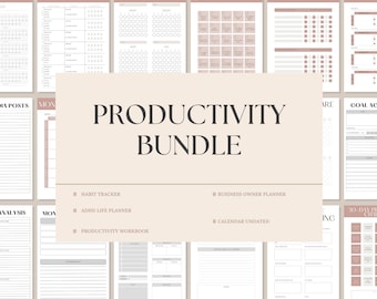 May include: A collection of printable planner pages with a neutral color scheme. The pages include habit trackers, goal action plans, and calendars. The central text reads "PRODUCTIVITY BUNDLE". The design is clean and organized, suitable for digital or print use.