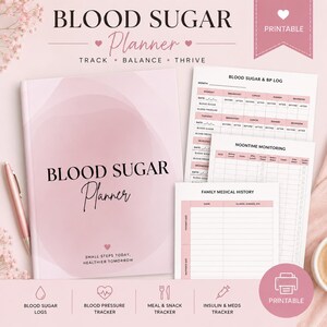 May include: A pink blood sugar planner with a matching pen and printed log sheets. The cover features the text BLOOD SUGAR Planner, TRACK BALANCE THRIVE, and SMALL STEPS TODAY, HEALTHIER TOMORROW. Includes logs for blood sugar, BP, and medical history.